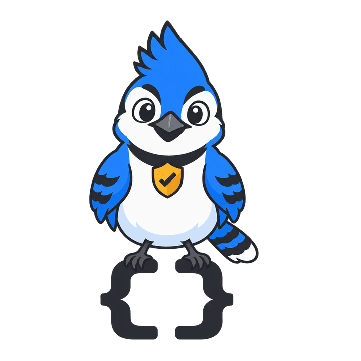 jes mascot: a blue jay perched on code braces
